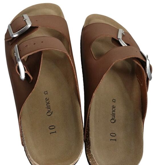 Quince Shoes - New Quince Nappa Leather Double Buckle Slides Brown Women's Size 10 UT5-4083